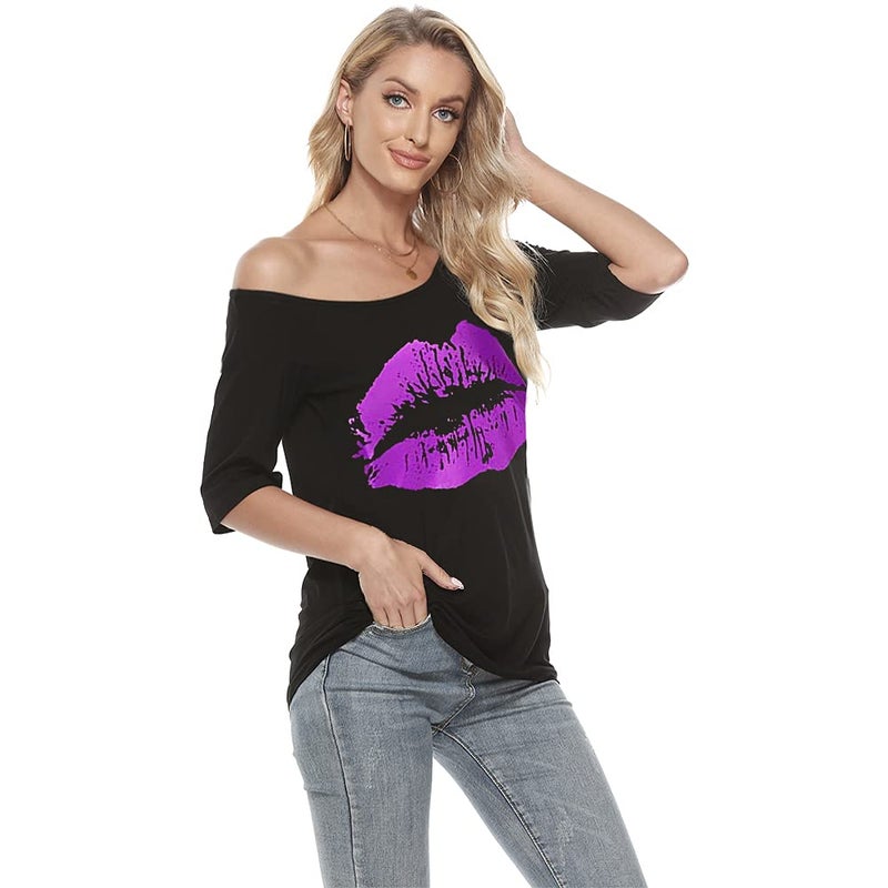MAGICMK Women Casual Plus Size Lips Print Off Shoulder T-Shirt (L, Black+Purple) - Image 3